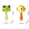 A yellow cartoon animal baby rattle with large eyes and an orange handle.