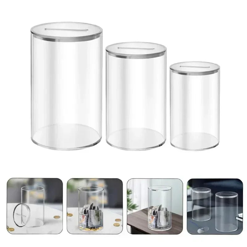 Clear acrylic piggy bank designed to hold coins and bills, shown in various angles.