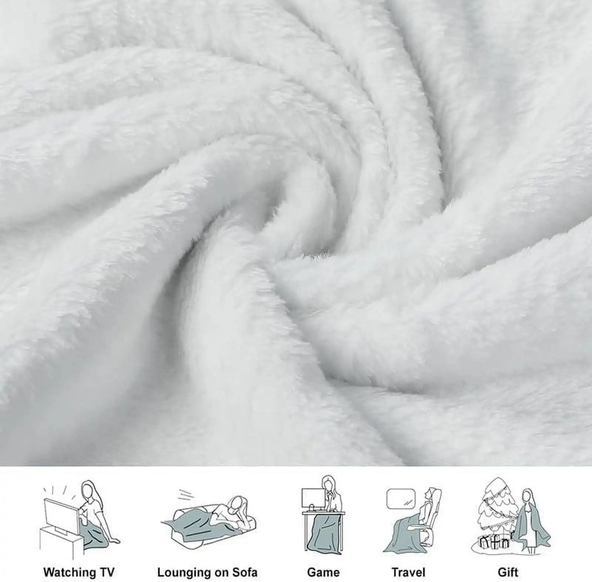 A soft white blanket is tightly rolled, showing its fluffy texture and drape.
