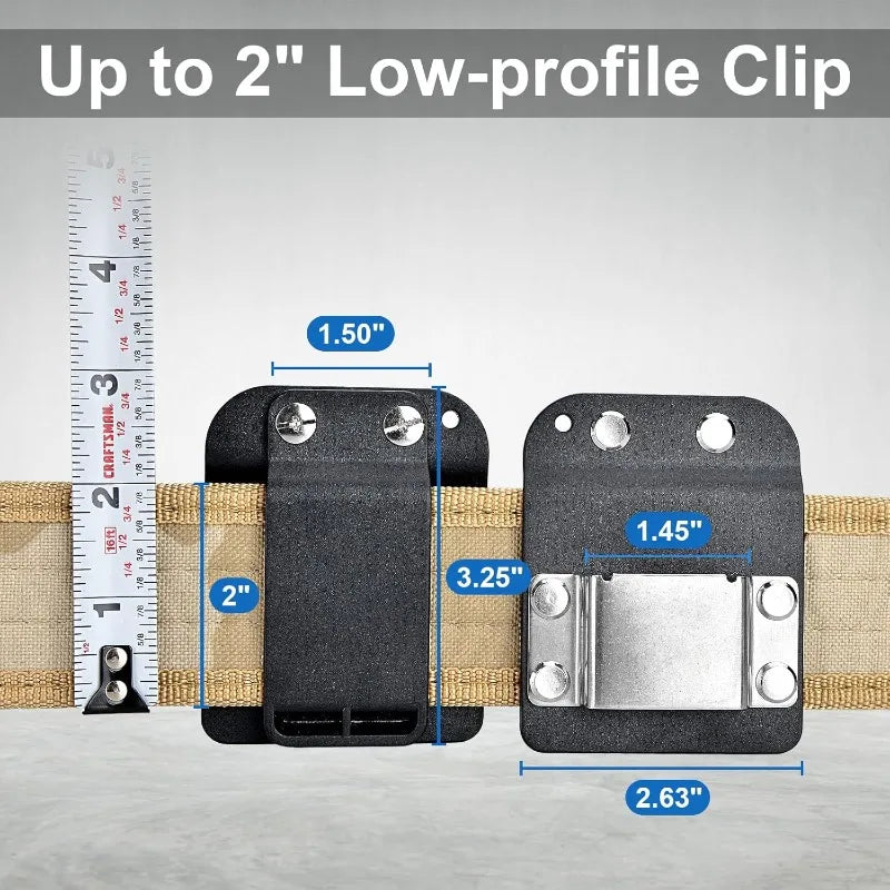 A black clip-on tool belt holster with a silver tool insert shown next to a ruler.