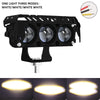 Black motorcycle dual-color LED spotlight with three light modes: white, white, and white white.