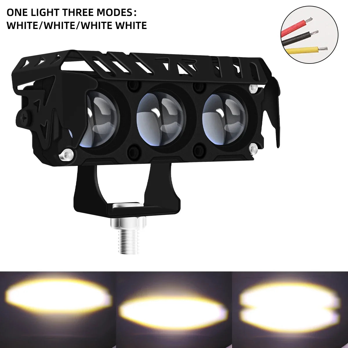 Black motorcycle dual-color LED spotlight with three light modes: white, white, and white white.