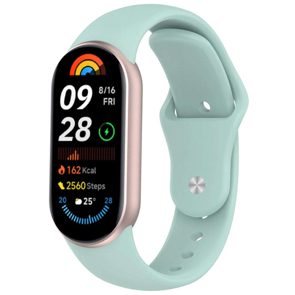 A light mint green silicone replacement strap for a fitness tracker, showing a digital display with date and activity metrics