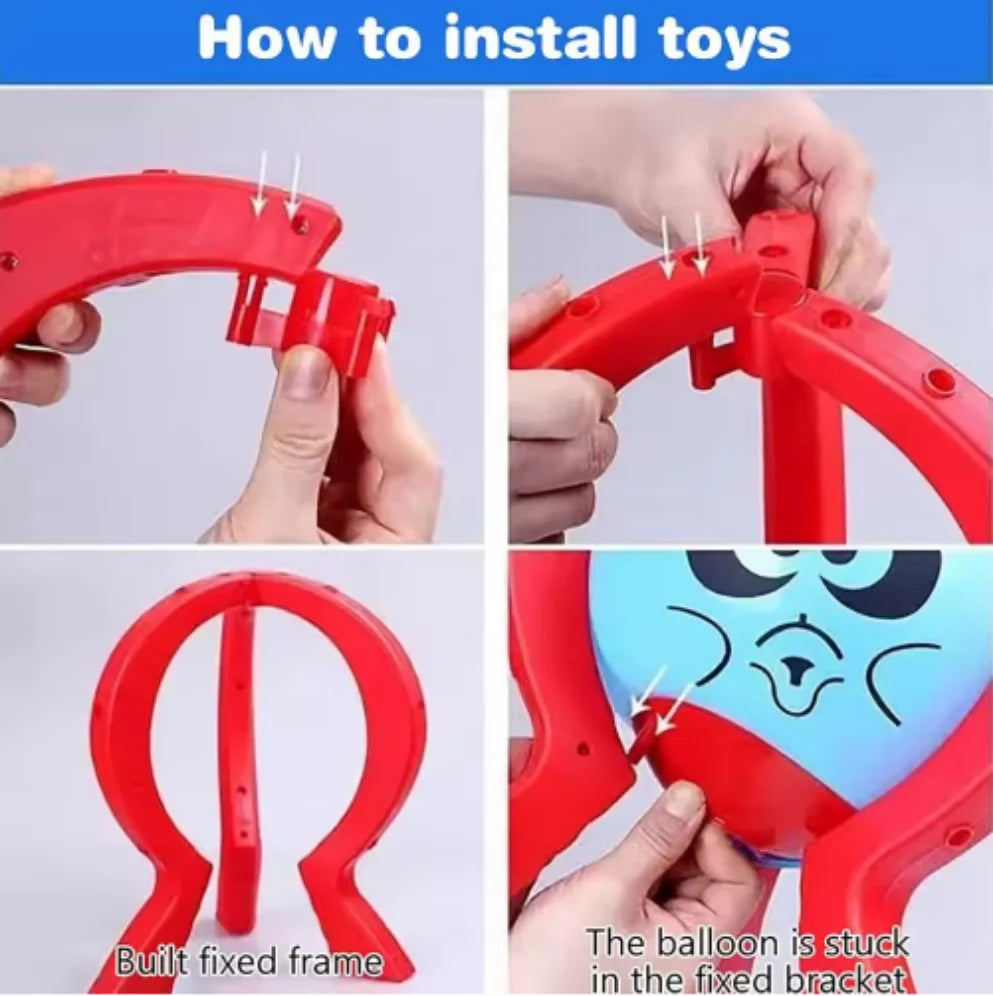 Hands demonstrate how to install toys into a red plastic frame for a party game.