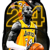 A black backpack featuring a graphic of a basketball player in a yellow Lakers jersey with the number 24.