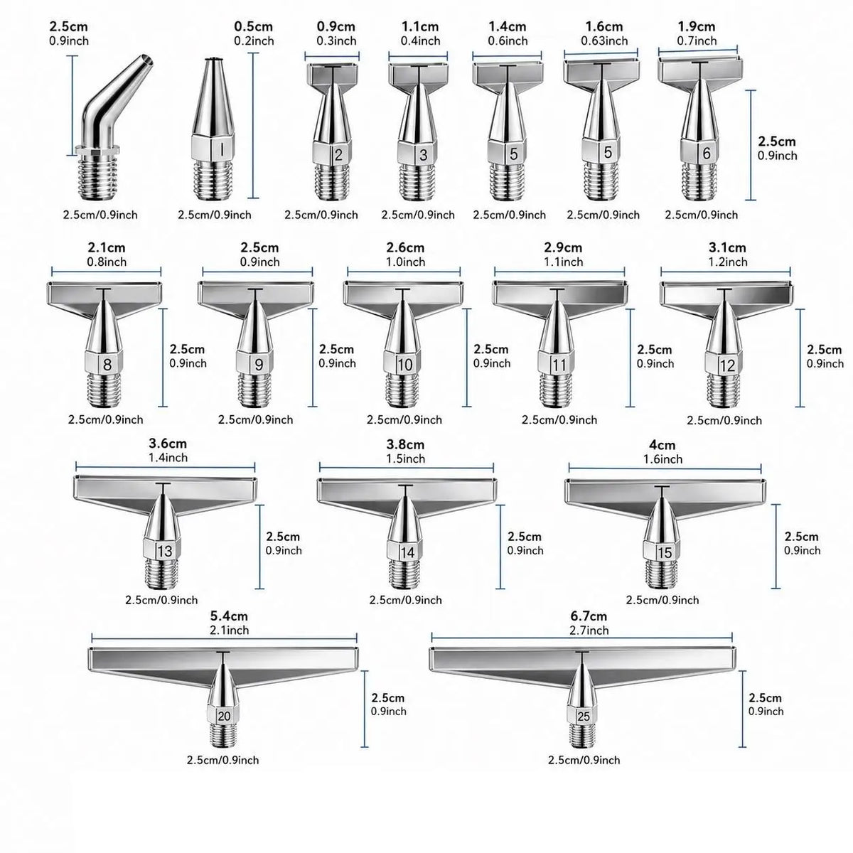 A set of stainless steel diamond painting pen tips with screw-on handles shown in various sizes and angles.