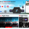A black dash cam is shown with a smartphone displaying an app interface, demonstrating WiFi and app control features.