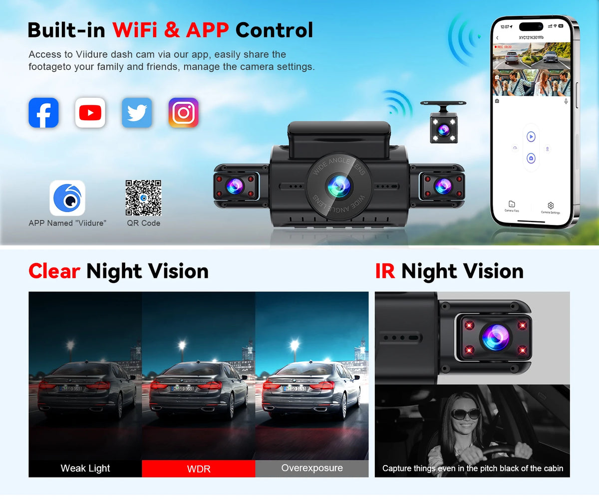 A black dash cam is shown with a smartphone displaying an app interface, demonstrating WiFi and app control features.