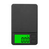 A black pocket digital scale with a green display showing 0.00 grams and buttons for unit and measurement.