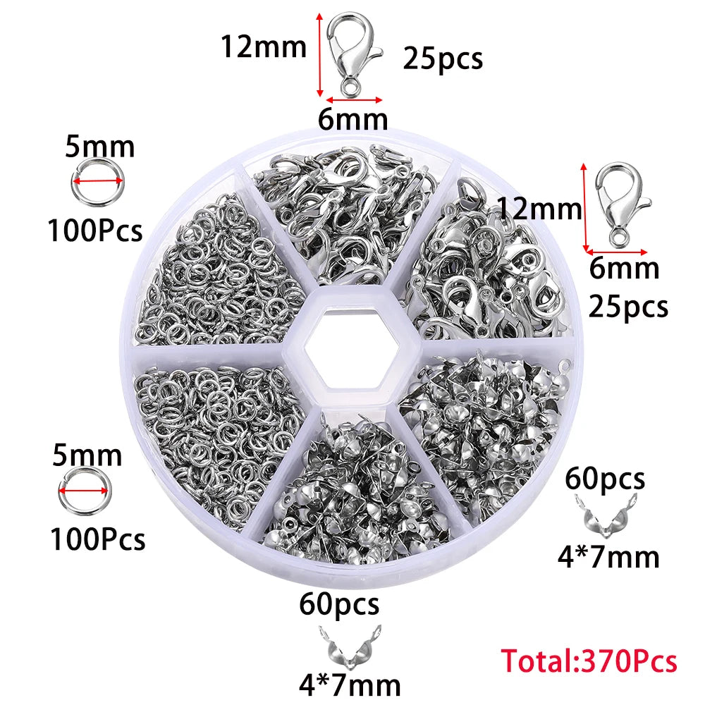A clear plastic storage case containing various silver-colored jewelry findings including lobster clasps, jump rings, and cri