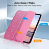Coque protectrice rose pailletée pour iPad, démontrant les fonctions d'extinction et de réveil automatique.