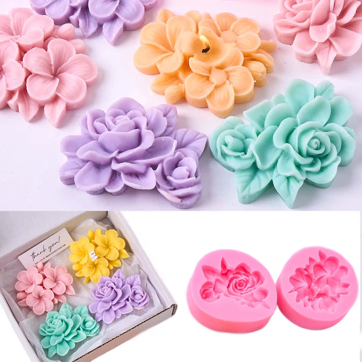 Silicone molds of various pink, purple, and green frangipani gardenia flowers for candle and soap making