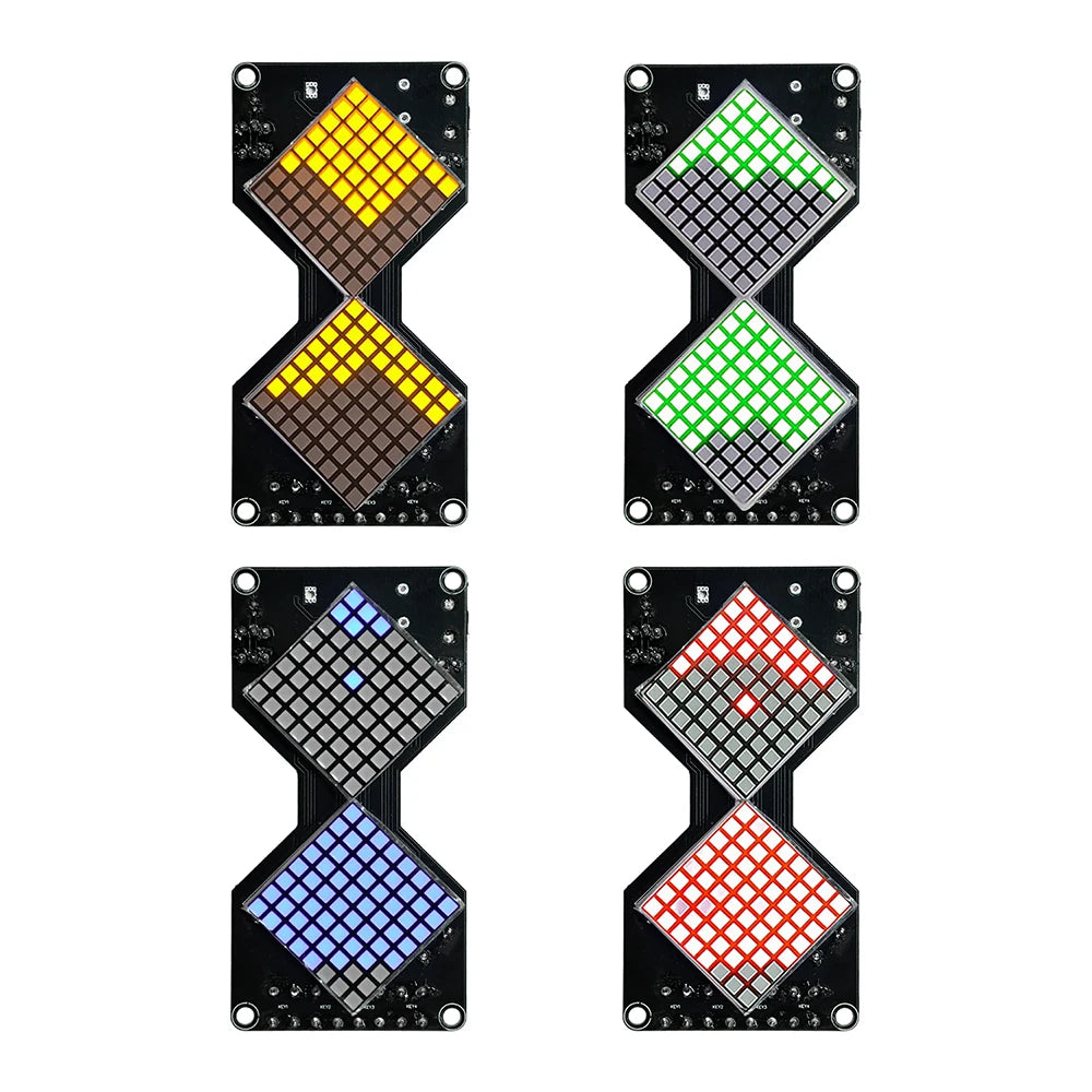 Four silicone LED matrix digital hourglass DIY soldering kits showing various colored patterns
