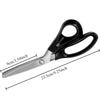 A pair of black and silver professional stainless steel serrated lace scissors shown with dimension markings.