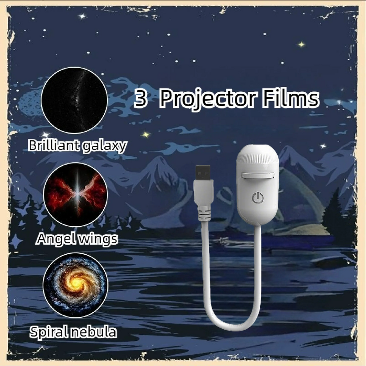 A white projector film device is shown with three labeled images of a brilliant galaxy, angel wings, and spiral nebula agains