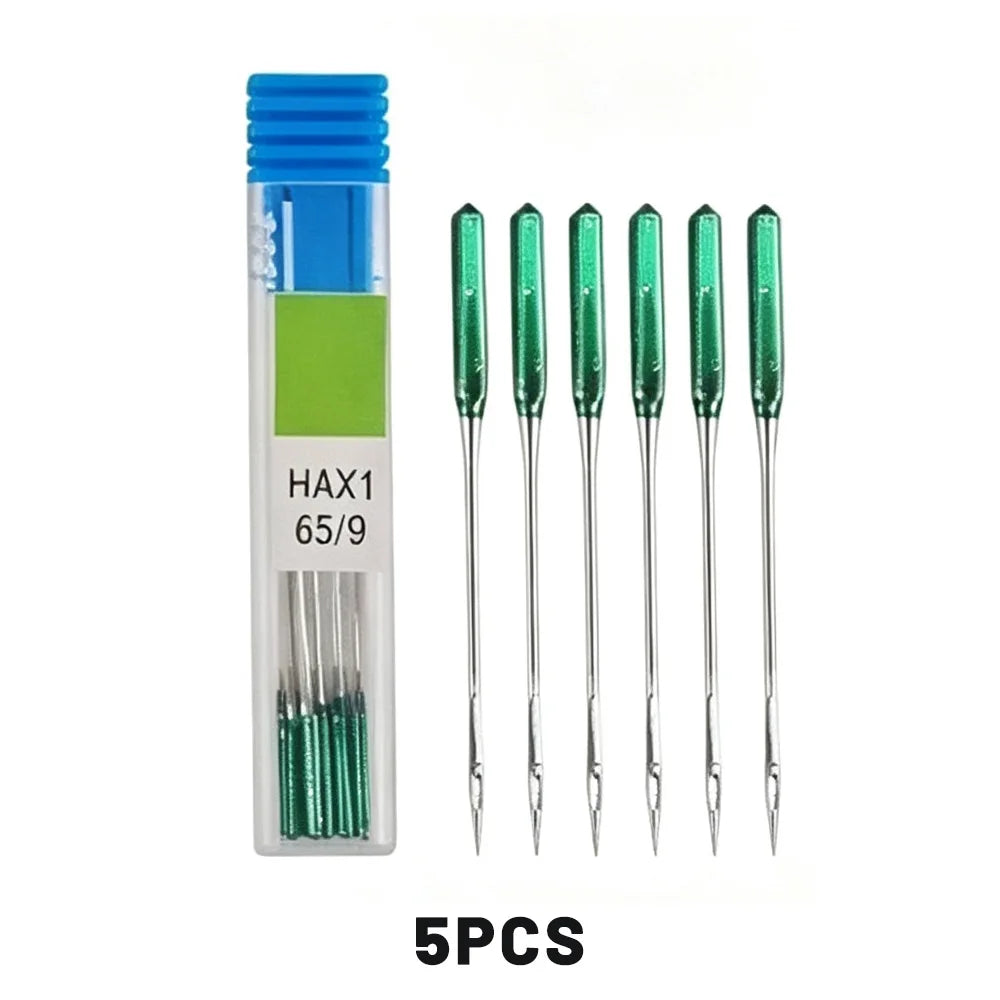 A pack of five green anti-skip sewing machine needles with a blue and green plastic case.