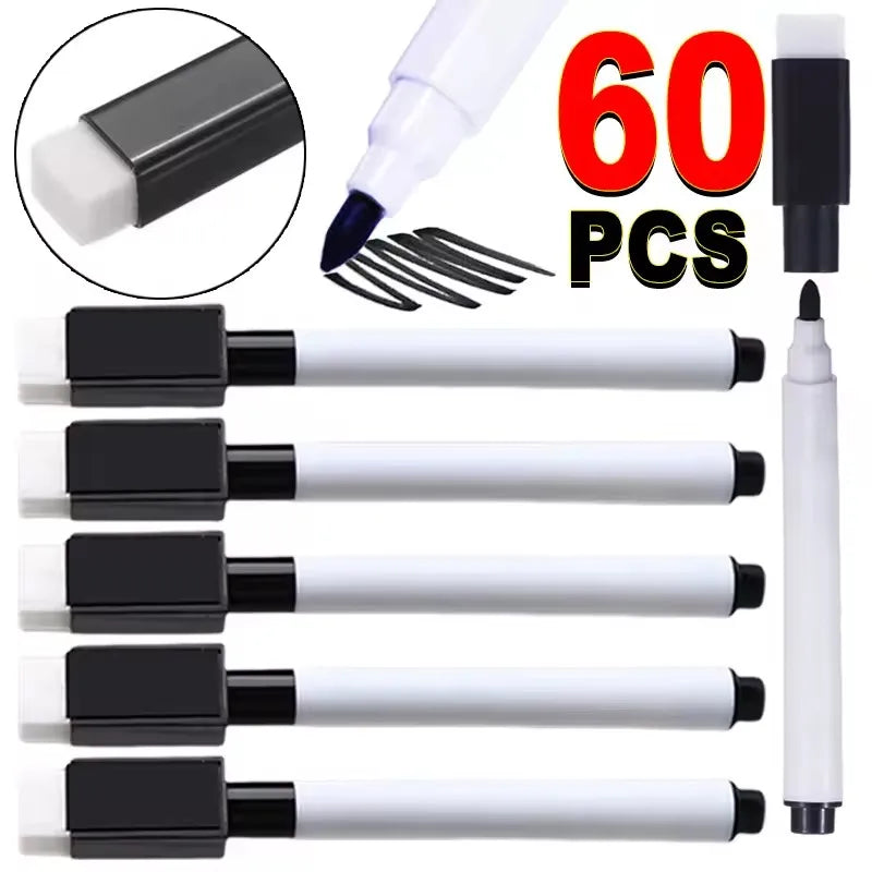 A set of six black and white magnetic dry erase markers with built-in erasers is shown.