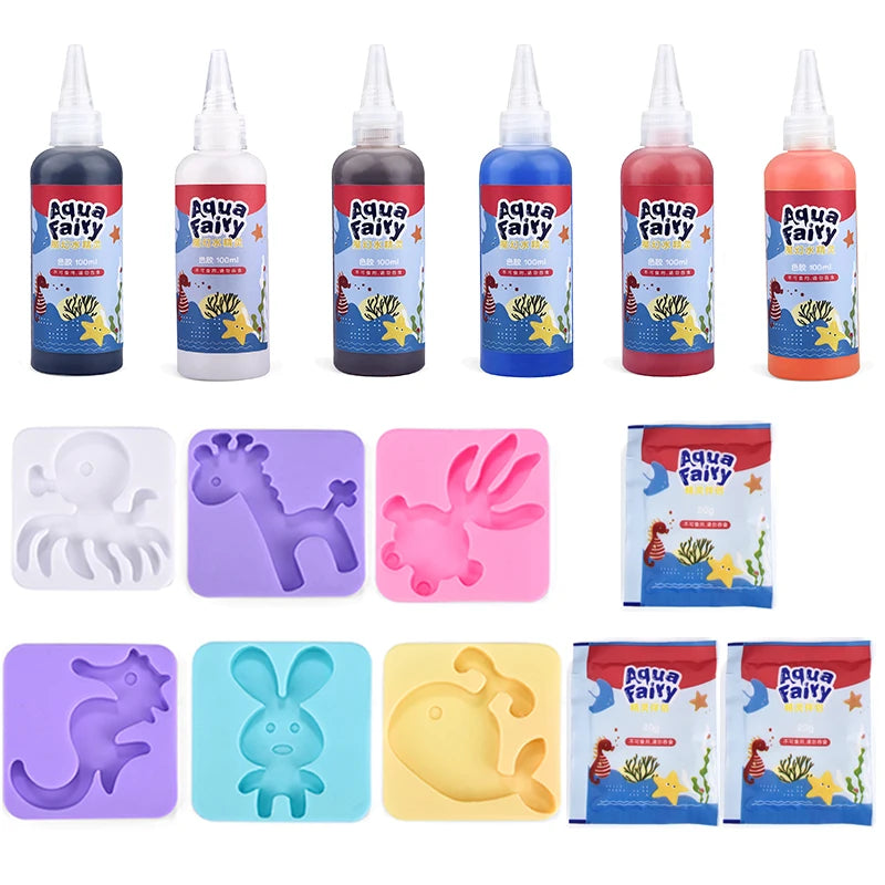 A set of 12 DIY craft kits featuring various colored bottles and silicone molds for making 3D water elf figures.