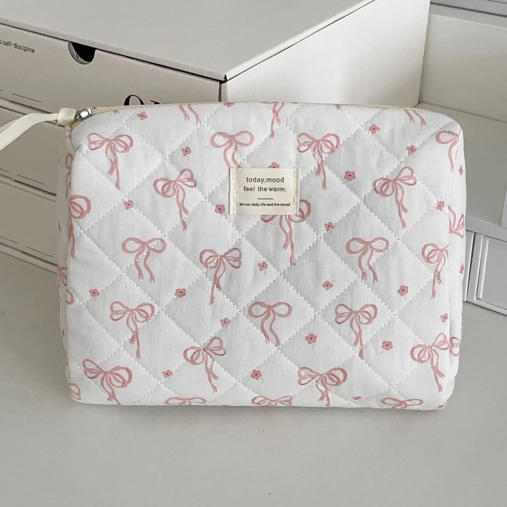 Pink Bow Plaid Quilted Cosmetic Bag with Multiple Compartments