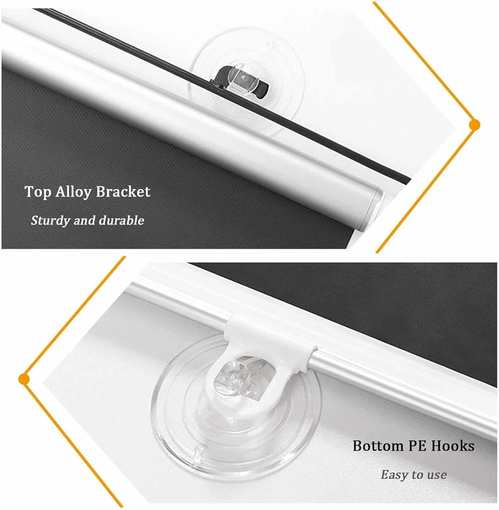 Close-up view of a white roller shade mechanism showing the top alloy bracket and bottom PE hooks for easy installation.