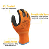 Orange PU coated work gloves with breathable base and elastic wrist for grip and dexterity
