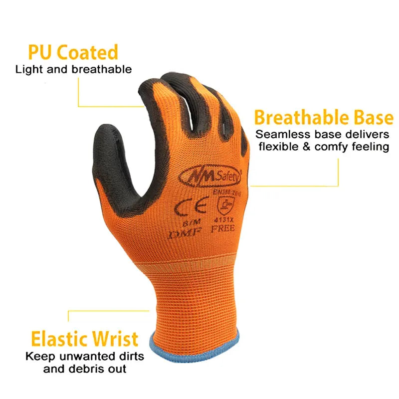 Orange PU coated work gloves with breathable base and elastic wrist for grip and dexterity