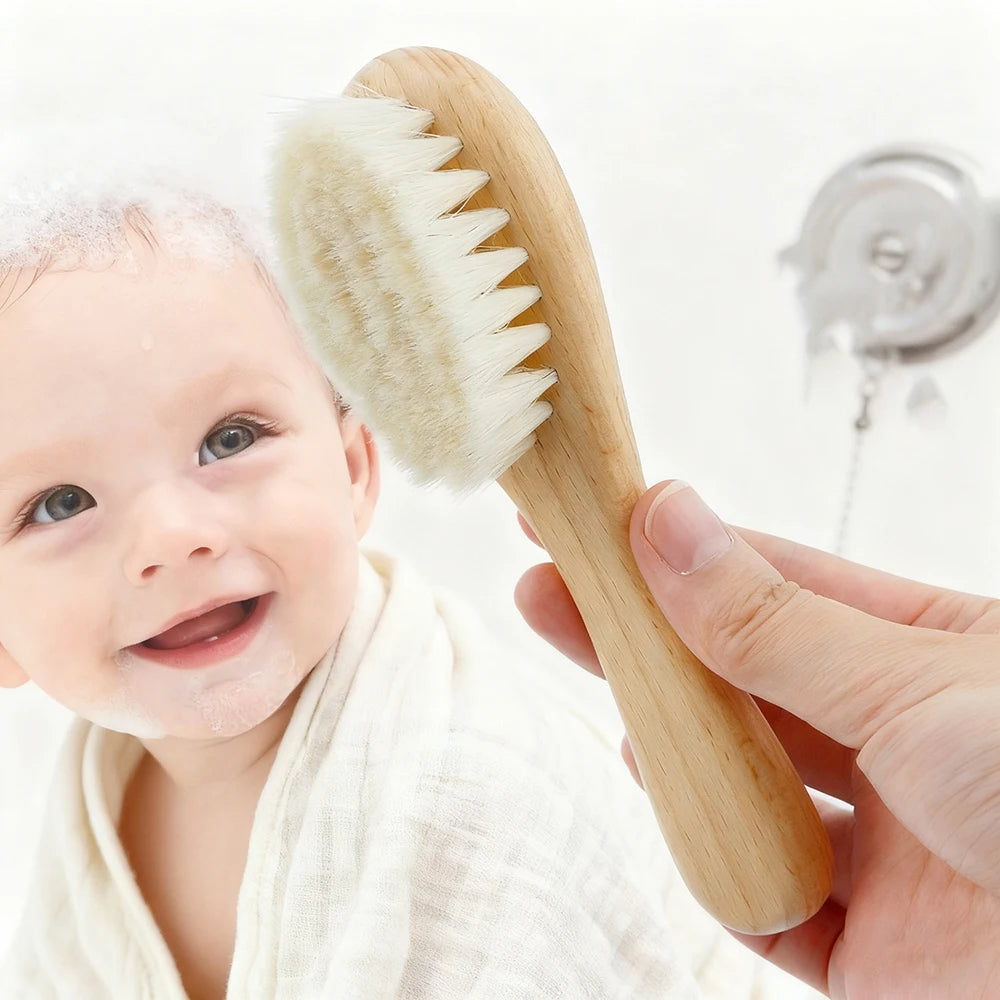 Natural Beech Wood Baby Brush and Comb Set with Soft Wool Bristles