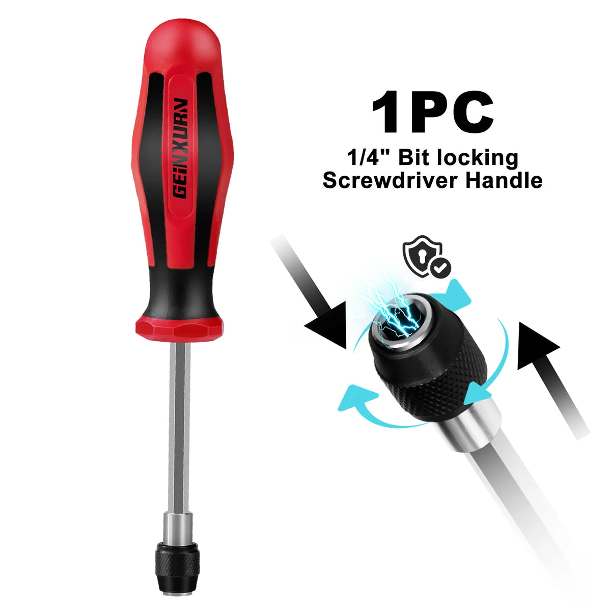A red and black 1/4 inch bit locking screwdriver handle is shown with an impact bit.