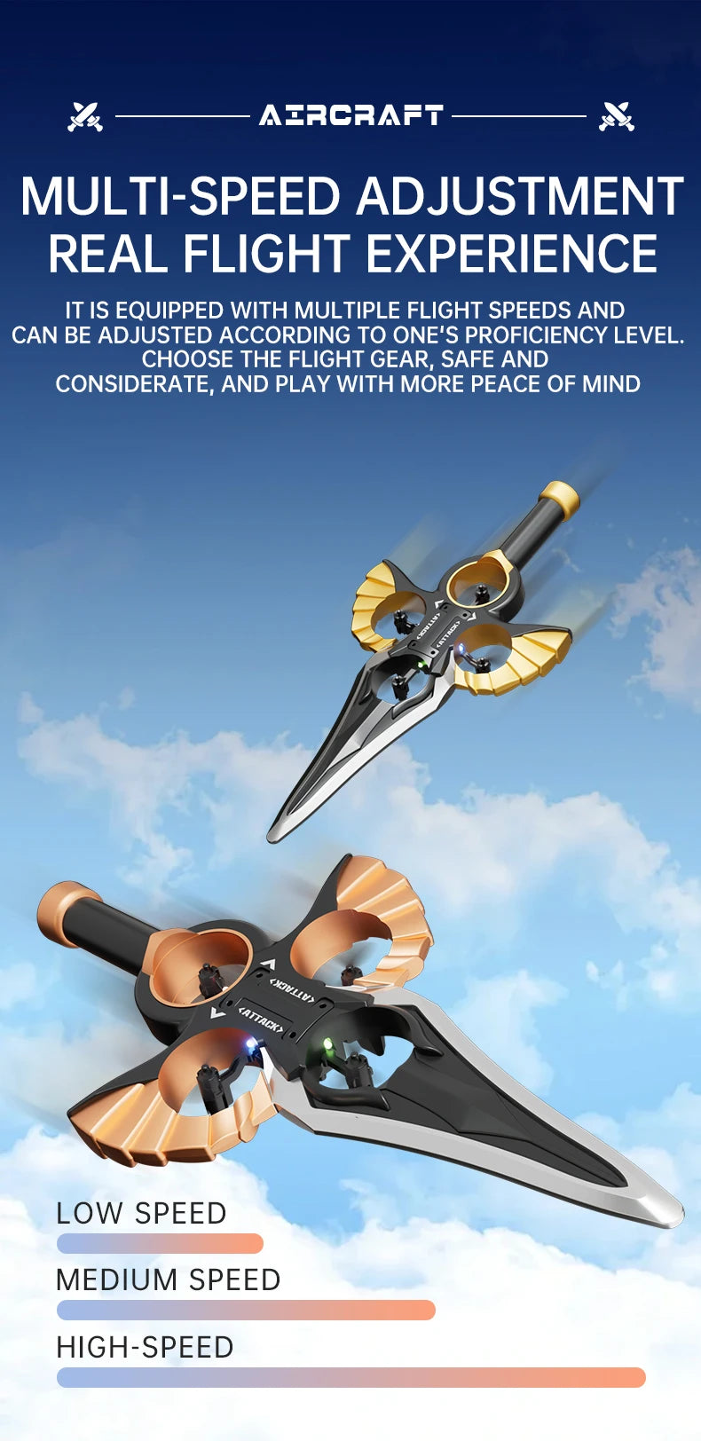 A multi-speed adjustment real flight experience aircraft with low, medium, and high-speed settings.