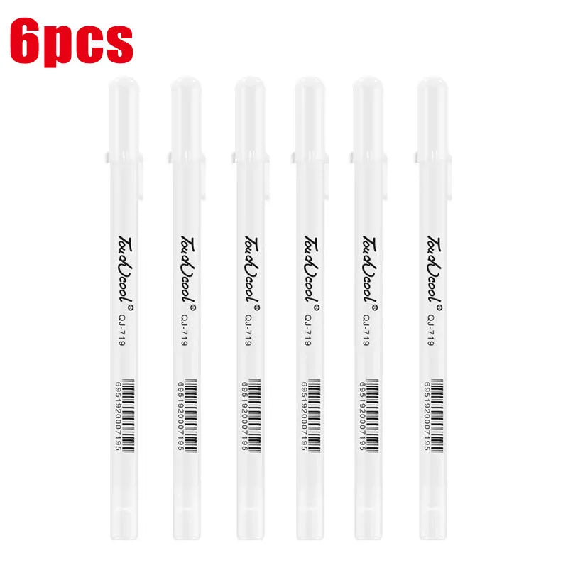 A set of six white ink gel pens with fine 0.8mm tips for drawing and highlighting.