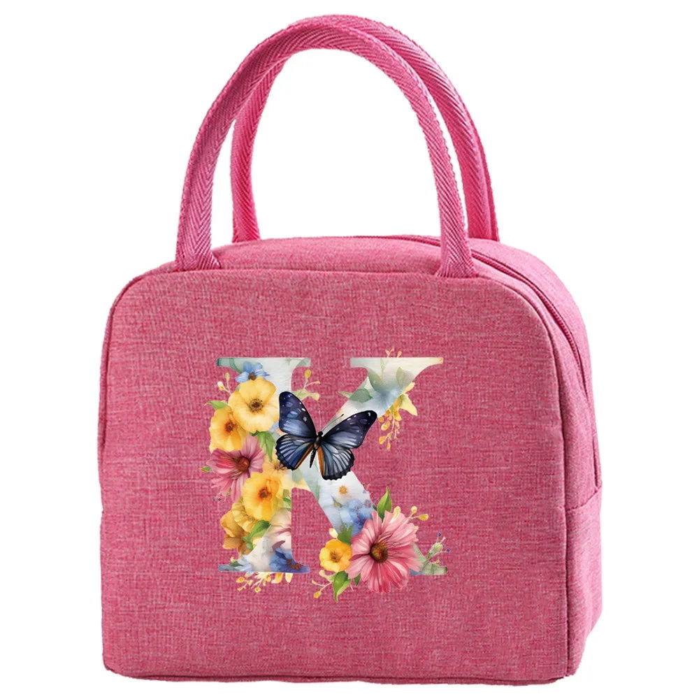 Insulated Canvas Lunch Bag with Butterfly Letter Pattern