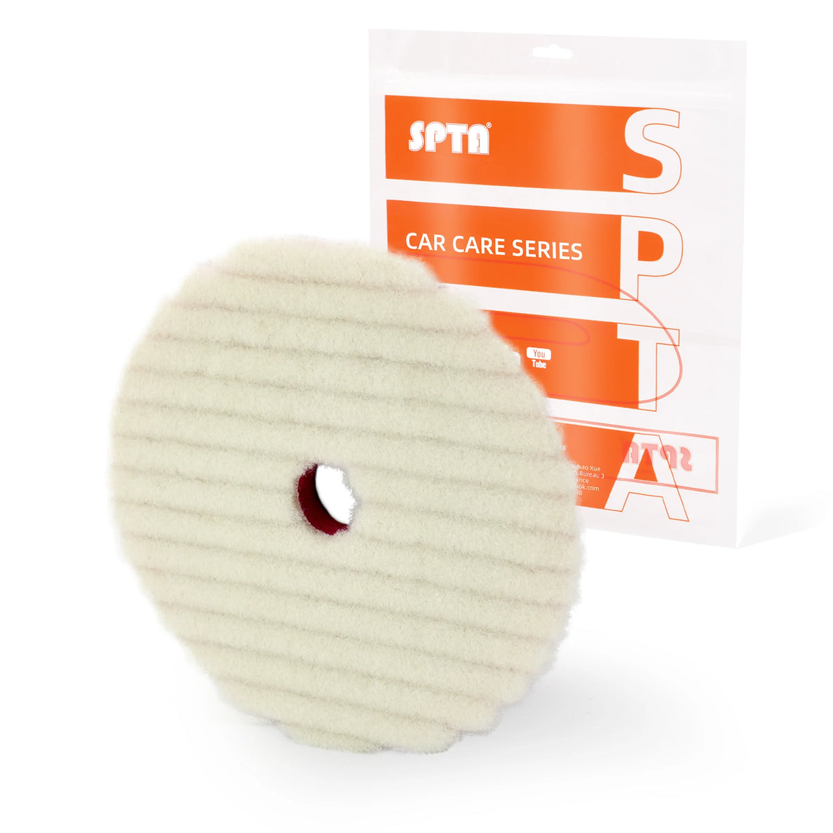 A round, light beige wool polishing pad is shown next to its packaging box for the SPTA Car Care Series.