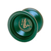 A green metal yoyo with a circular emblem featuring a shark and the text MAGICYOYO