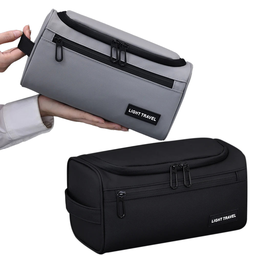 A gray and black travel toiletry bag is shown being held by a hand, with a black version displayed separately.