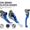 Set of blue CNC aluminum brake and clutch levers for dirt bikes, showing various angles and installation features.