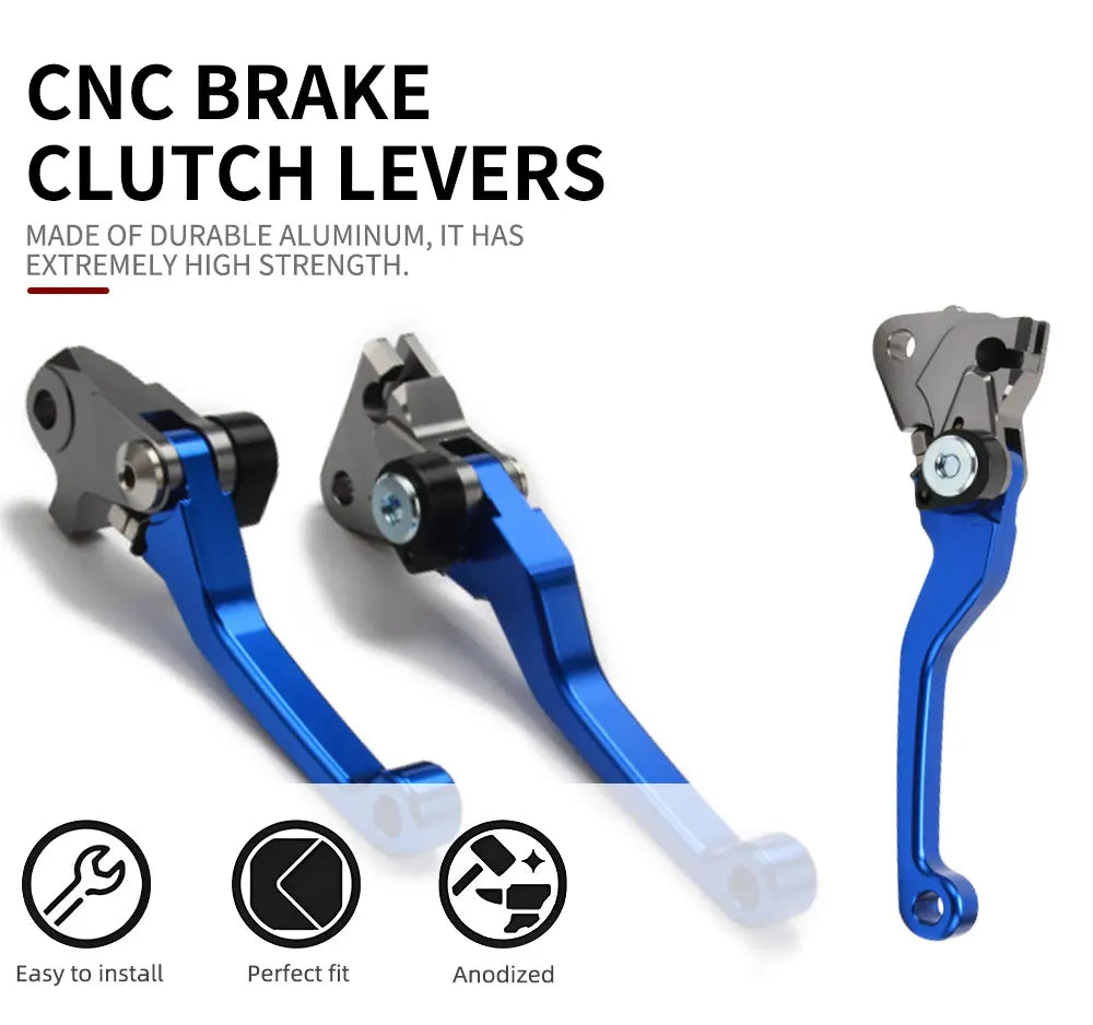Set of blue CNC aluminum brake and clutch levers for dirt bikes, showing various angles and installation features.