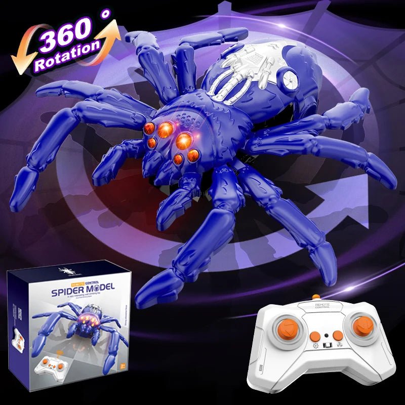 A blue spider model toy is shown with a remote control and a controller, demonstrating 360 rotation.