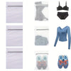 A set of reusable mesh laundry bags for delicates, including a black bra top and blue long-sleeved shirt.