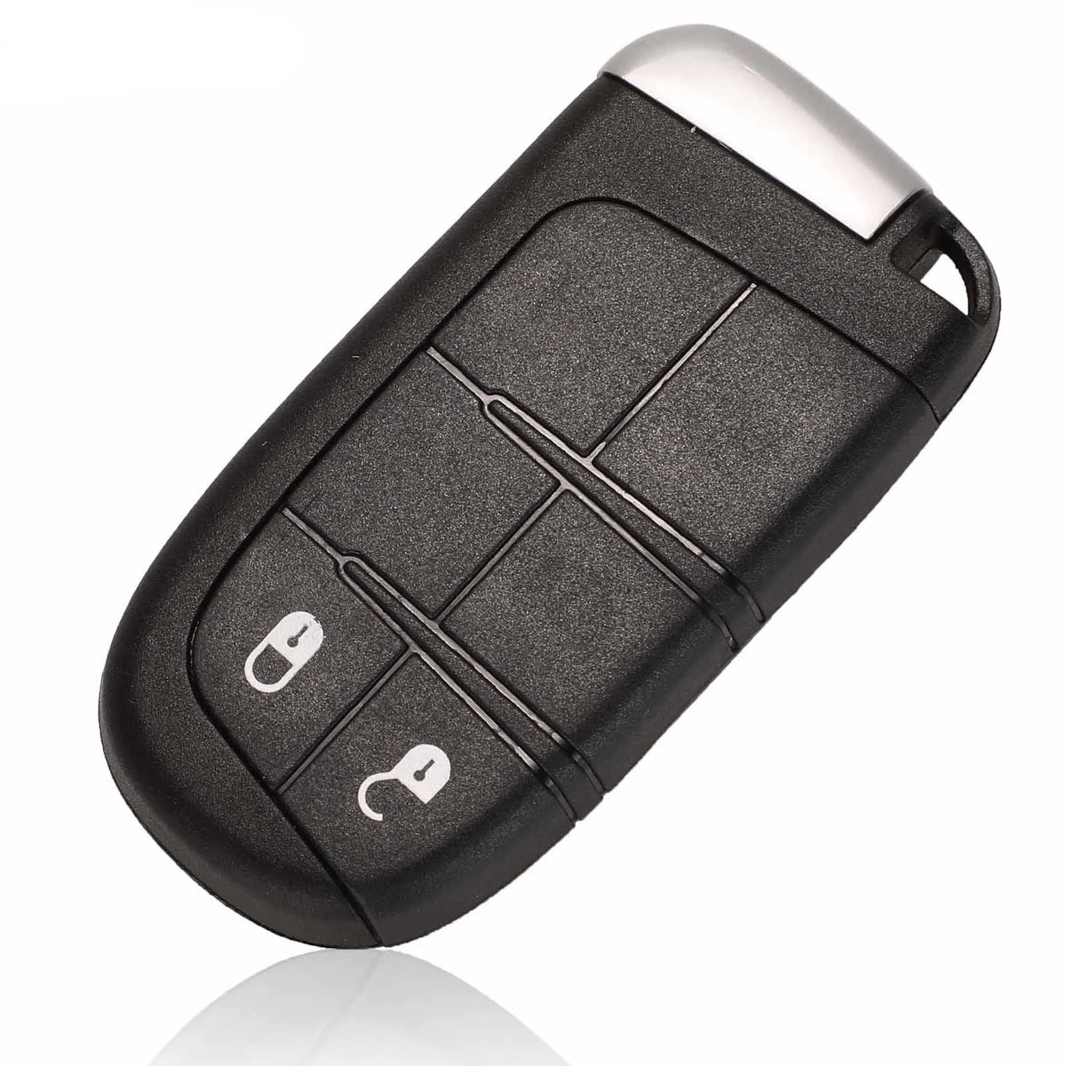 A black replacement key fob shell for Jeep, Dodge, Chrysler, and Fiat vehicles.