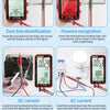 A digital multimeter with a red test lead inserted into a zero line, firewire connection, DC current connection, and AC curre