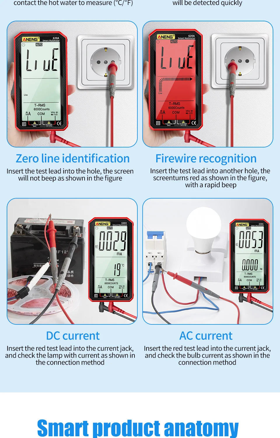 A digital multimeter with a red test lead inserted into a zero line, firewire connection, DC current connection, and AC curre