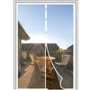 A vertical magnetic screen door curtain in a silver frame, shown open against a bright blue sky and outdoor patio area.