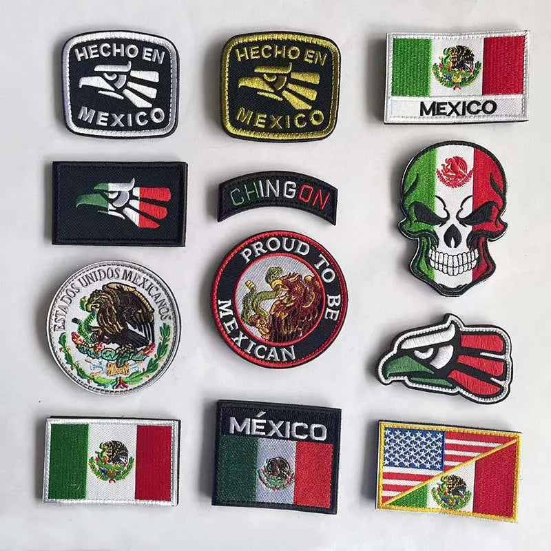 A collection of various Mexican themed patches and flags including an eagle skull, national flag, and various emblems.