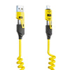 Yellow retractable fast charging cable with USB-C and Lightning connectors for 4-in-1 device.
