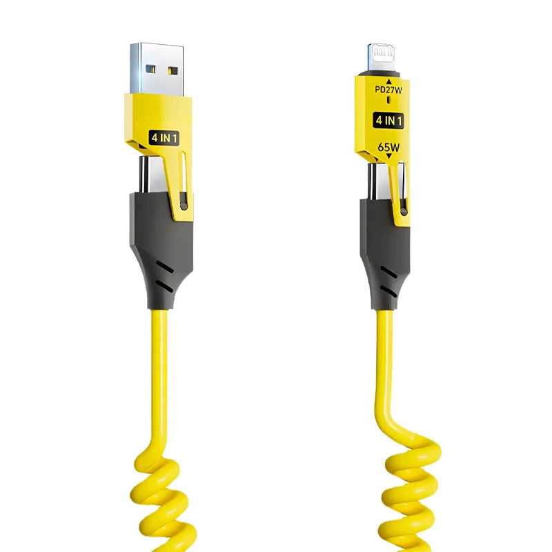 Yellow retractable fast charging cable with USB-C and Lightning connectors for 4-in-1 device.