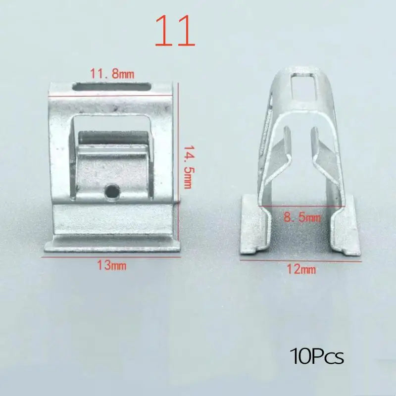 A close-up view of a silver metal trim panel fastener clip with dimensions and a separate clip, packaged as 10 pieces.
