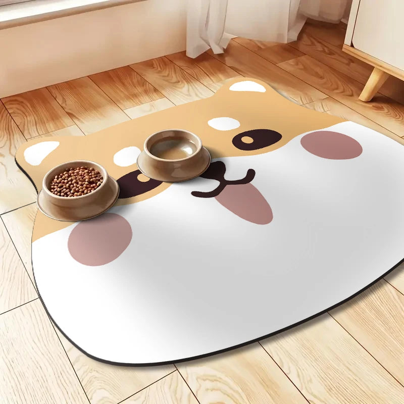 A beige and white mat shaped like a dog's face with brown and pink accents, featuring integrated pet feeding bowls.