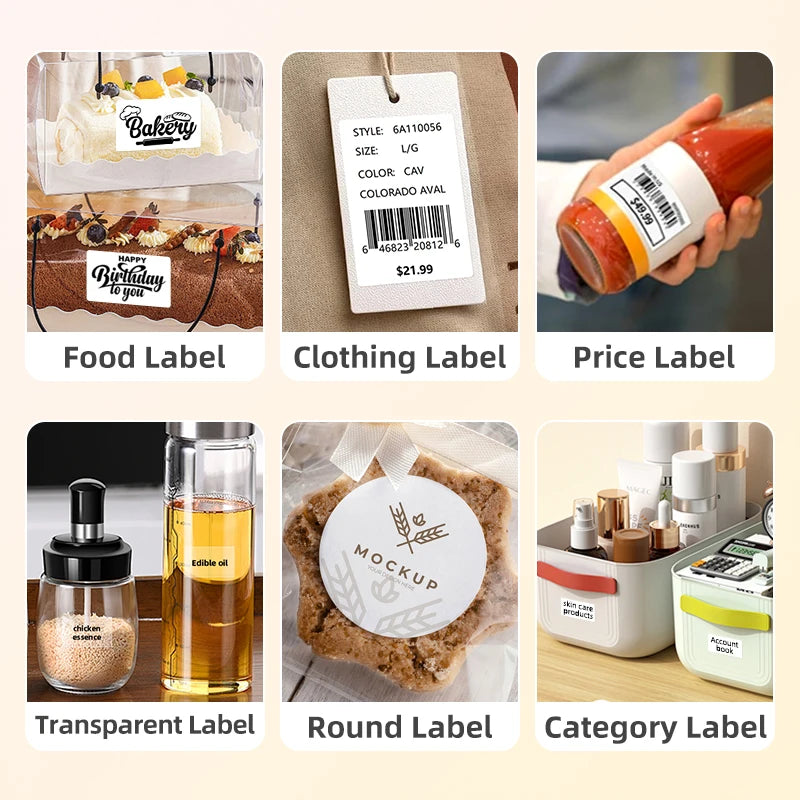 A collection of various labels including food, clothing, price, transparent, round, and category labels