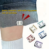Various clear and colored invisible pant hem clips shown attached to denim jeans.