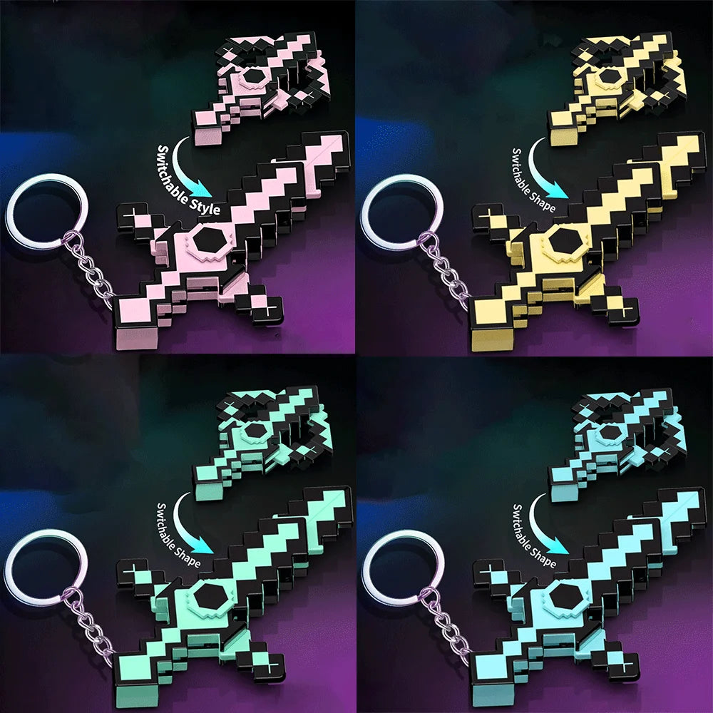 A set of transformable gemstone toy keychains in black, gold, and teal colors displayed against a dark background.